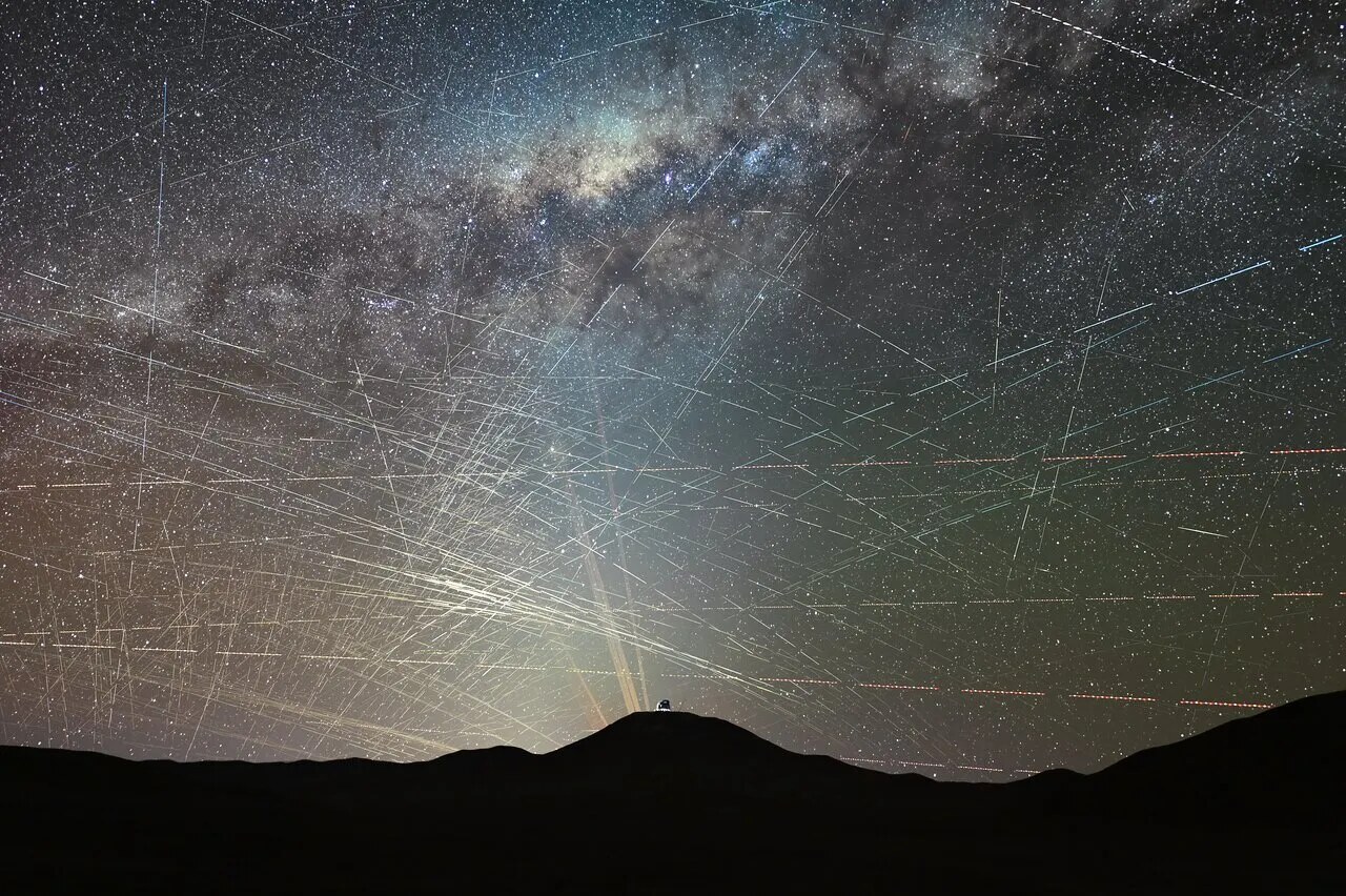 A dense web of satellite trails over ESO's Extremely Large Telescope