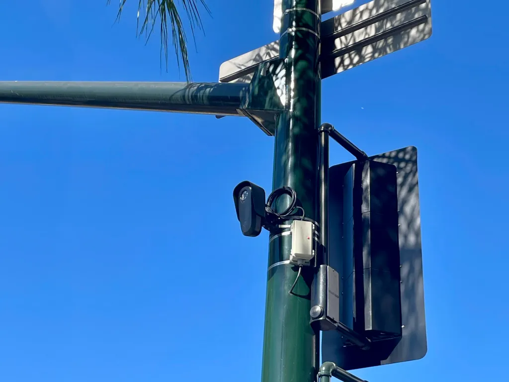 A Flock camera on a traffic-signal pole at Fair Oaks Avenue in Old Pasadena