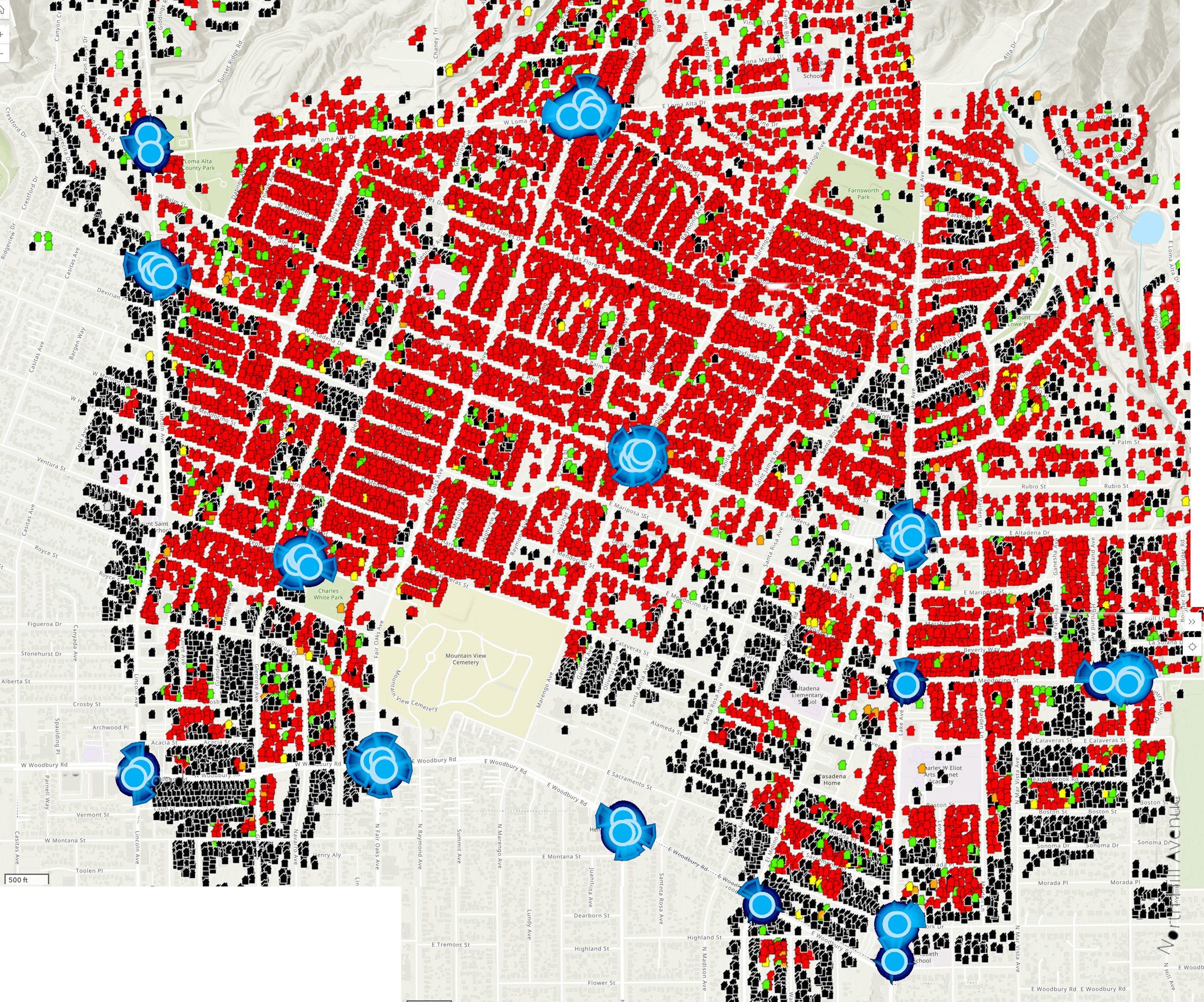 Flock camera locations from the crowdsourced DeFlock map, in blue, over Los Angeles County's Eaton Fire damage survey for Altadena